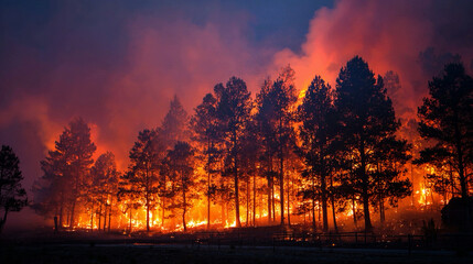 Wildfire burning dry forest trees, dramatic flames and smoke, environmental disaster, natural outdoor landscape, ecosystem destruction, wildfire hazard, forest devastation, air pollution