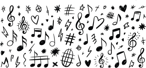 Hand drawn music doodle symbols set, playful notes hearts stars illustration, black white sketch vector © Earshad Creative