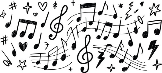 Obraz premium Hand drawn music doodle notes set, playful melody symbols illustration, black white sketch vector collection