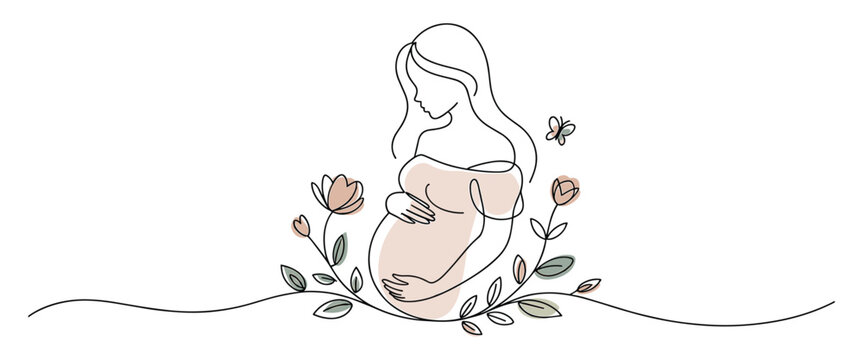 Pregnant woman with flowers and butterfly minimalist line art illustration
