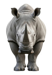 Obraz premium a massive white rhinoceros with thick, wrinkled grey hide and prominent horns stands stoically, isolated against a seamless pure white studio background, conveying solemn conservation majesty
