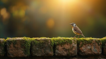 A small bird perches on a mossy stone wall in a serene natural setting during sunset