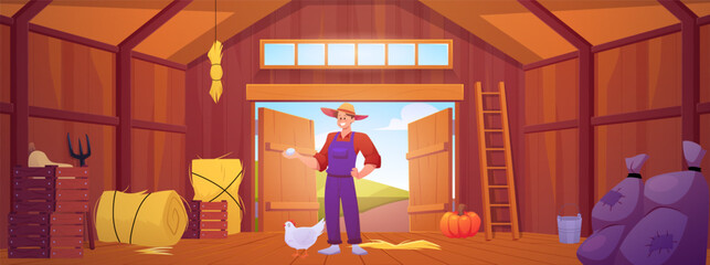 Wooden barn interior, vector cartoon farmer holds a chicken egg in hand, haystack, chicken coop, crop bags, garden tools © sabelskaya