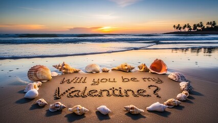 Sunset Beach Proposal with Shells Arranged to Ask Will You Be My Valentine