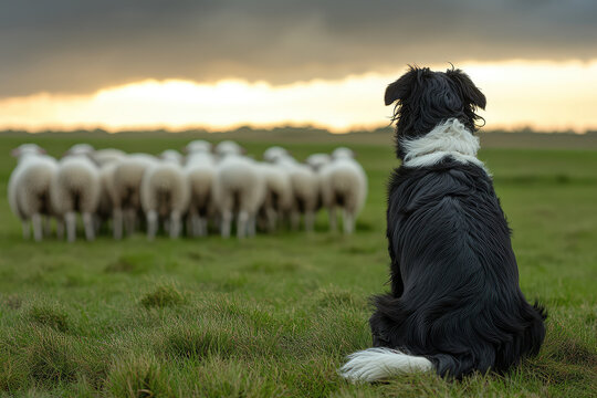 shepherd dog and sheep  in the  meadow