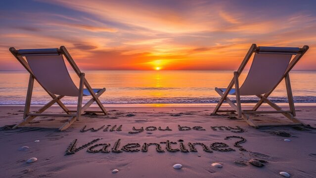 Sunset Beach Proposal with Two Chairs and Romantic Sand Message - Powered by Adobe