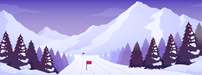 Snowy ski slope with red flags and pine trees on the mountains background, vector flat Alpine landscape, winter sports