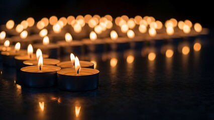 Rows of glowing tea light candles casting warm, flickering light and reflections on a dark surface.