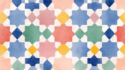 A minimalist background blending Swiss Style grid typography with colorful Moroccan Zellige tile patterns in a symmetrical, flat design.