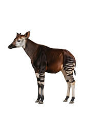 Majestic okapi forest giraffe, detailed side profile portrait, showcasing velvety coat and striking black and white striped legs on a clean white background, scientific documentation concept