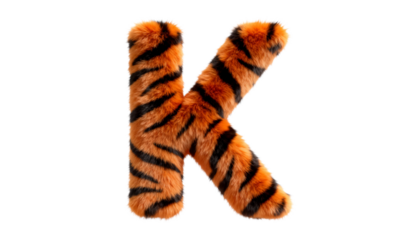 3D Render Wallpaper of a Tiger Fur Letter K with Black Stripes, Isolated on White Background, Perfect for Graphic Design and Branding with Copy Space