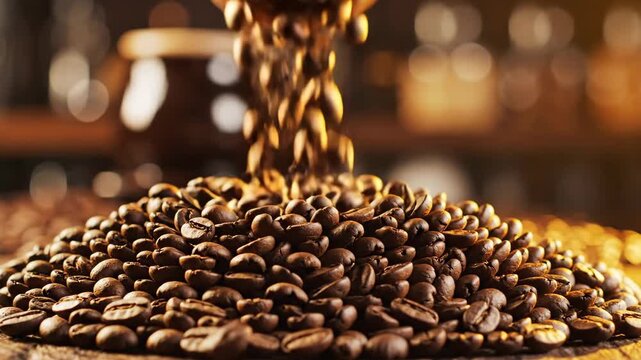 Roasting journey: fresh coffee beans pouring and piling up in warm light