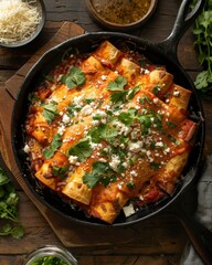 Crispy Enchiladas Cotija Cheese Cilantro Cast Iron Bowl Overhead