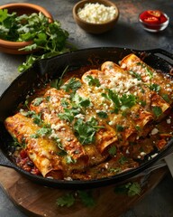 Crispy Enchiladas Cotija Cheese Cilantro Cast Iron Bowl Overhead