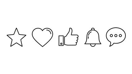 Social Media Icons: Star, Heart, Thumbs Up, Bell, Chat Bubble - Vector Line Art