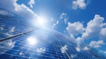 Solar panels lined up on a sunny day reflect sunlight while clouds drift in the blue sky. This setup promotes renewable energy use and sustainability practices.