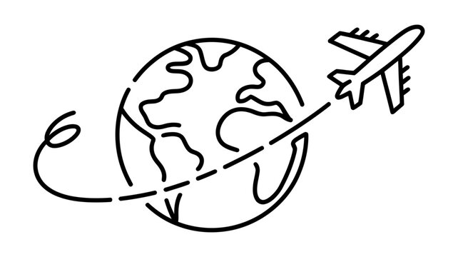 A simple line icon illustrating global travel with an airplane circling the earth