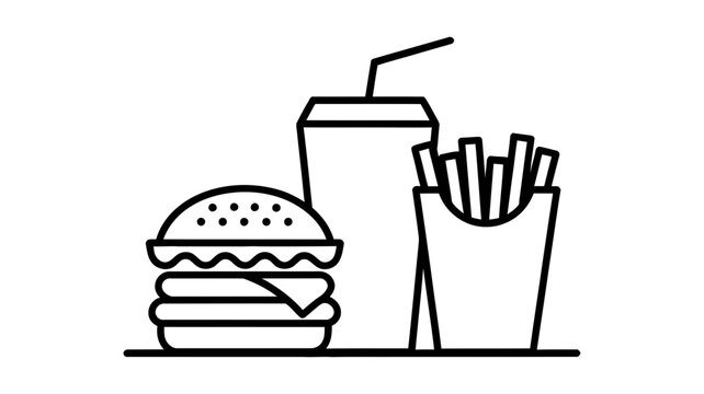 Simple line art icon illustrating a fast food combo meal with burger, fries, and drink