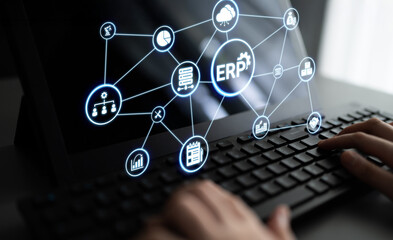 ERP icons show management, integration, and business process. ERP supports data management, ERP efficiency, and ERP organizational solutions. Entice