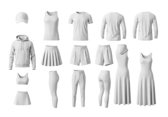 comprehensive collection of blank white apparel flats including shirts, skirts, shorts, and pants, featuring detailed textile textures and ghost mannequin front/back views on a spotless background,
