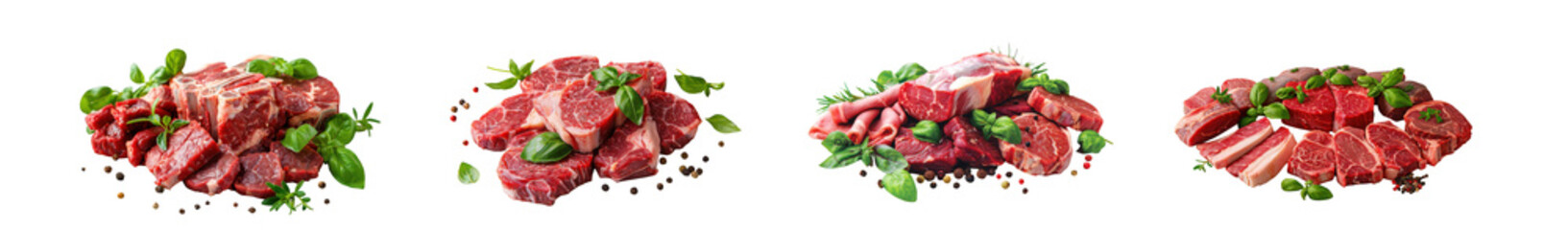 Obraz premium Freshly sliced raw beef with herbs and spices isolated on transparent background