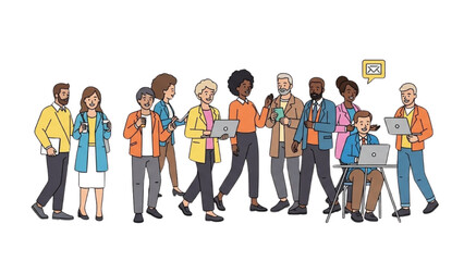 Fototapeta premium Diverse group of people walking together while using various digital devices in a modern urban setting