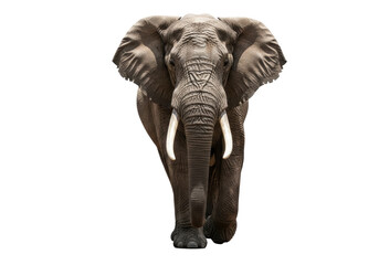 Naklejka premium A majestic mature african bush elephant bull with massive ivory tusks and wrinkled dark-grey hide, walking towards the viewer, isolated on a pure white studio backdrop, conveying imposing power and