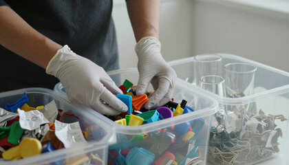 Waste recycling concept with hands sorting plastic, paper, and glass materials in separate containers