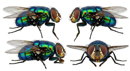 Four isolated, highly detailed iridescent green bottle flies showcasing metallic exoskeletons and red compound eyes on a pure white background, precise scientific catalog concept