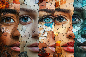 fragments of women 's faces on a cracked ceramic base