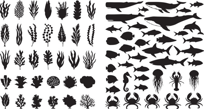  fish set black of algae silhouette. eps
