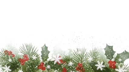 Holiday border with pine, holly, red berries, and snowflakes on a misty white winter background.