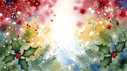 Vibrant holiday blend of red sky, holly, and snowflakes with a glowing center for festive cheer.