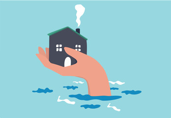 Government bailout to help support bank from bankruptcy to prevent banking downfall by injection, buy bonds to pay for loan and obligation concept, government hand help holding bank from risky ocean.