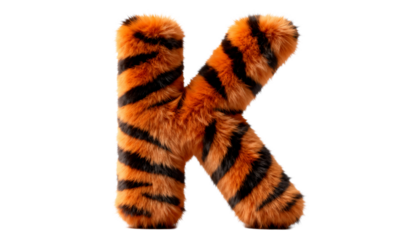 3D Render Alphabet Letter K with Tiger Fur Texture, Realistic and Fluffy, Perfect for Wildlife Branding and Graphic Design Projects with Copy Space