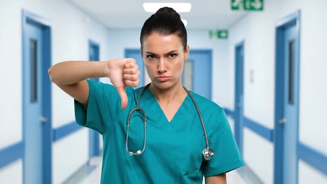 Frustrated nurse gives thumbs down gesture in modern hospital hallway