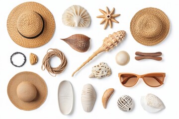 Beach accessories set with woven hat sunglasses and seashells isolated / Straw hat and sunglasses with starfish on white background for summer vacation