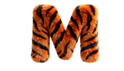 3D Render of a Fluffy Tiger Print Letter M, Alphabet, Furry, Orange and Black Stripes, Isolated on White Background with Copy Space for Design
