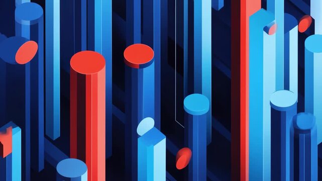 Dynamic vertical motion of vibrant 3d cylinders and discs in abstract blue and red pattern