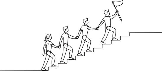 Obraz premium Single continuous line drawing of team members holding hands together following their leader who hold flag climbing up stairs step by step. one line Icon drawing