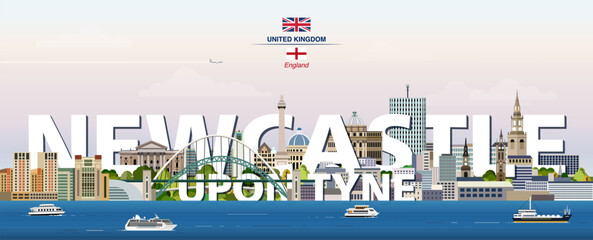 Newcastle upon Tyne graphic stylized cityscape colorful vector illustration with big city name on the background