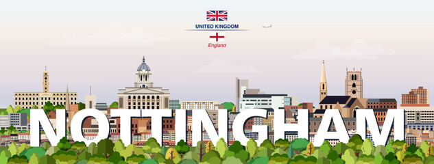 Nottingham graphic stylized cityscape colorful vector illustration with big city name on the background