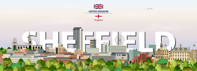 Sheffield graphic stylized cityscape colorful vector illustration with big city name on the background