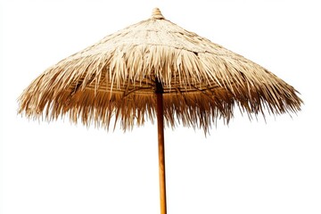 Straw beach umbrella isolated on white background for summer vacation concept