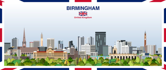Birmingham abstract stylized city skyline with a frame border in the colours of the United Kingdom flag. Vector illustration