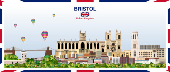Bristol stylized abstract city skyline with a frame border in the colours of the United Kingdom. Vector illustration