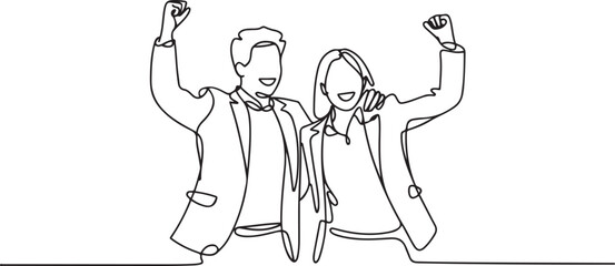 Obraz premium Single continuous line drawing of young happy male and female managers celebrating their job promotion together. Business teamwork celebration concept. one line Icon drawing