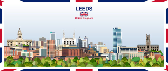 Leeds stylized abstract city skyline with a frame border in the colours of the United Kingdom. Vector illustration