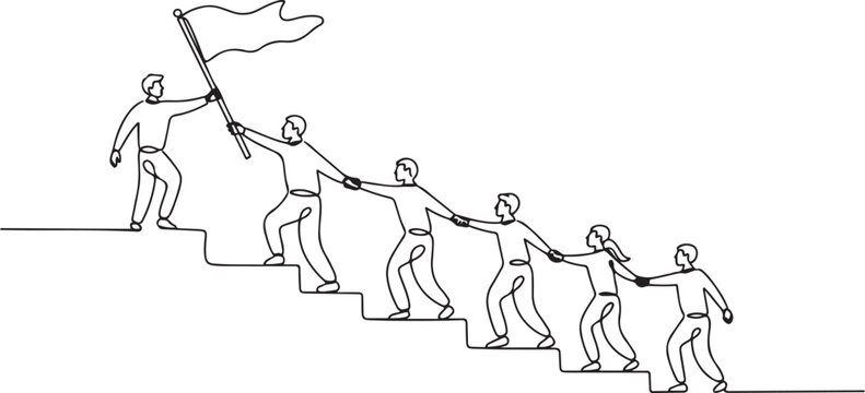 Single continuous line drawing of team members holding hands together following their leader who hold flag climbing up stairs step by step. one line Icon drawing