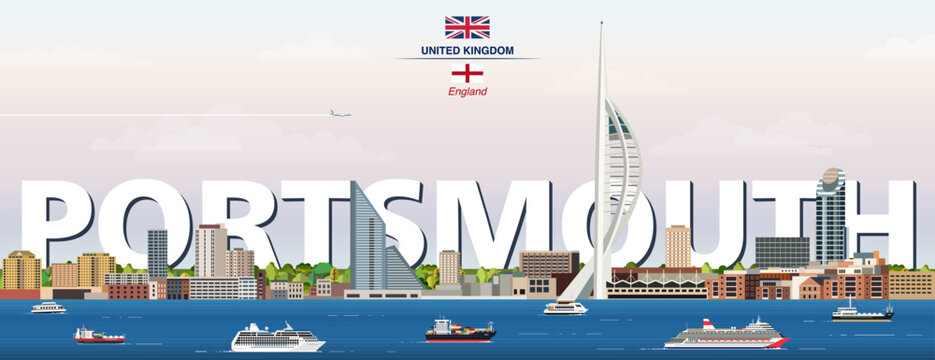Portsmouth graphic stylized cityscape colorful vector illustration with big city name on the background